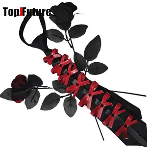 Women Men Steampunk Tie Handmade in Red and Black Color Retro Punk Rock PU Leather Bow Metal Rivet Tie Subculture Streetwear