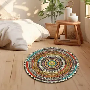 Boho Colorful Pattern Tassel Rug, 1 Count Round Non-slip Floor Mat, Decorative Carpet for Home Living Room Bedroom Kitchen Bathroom