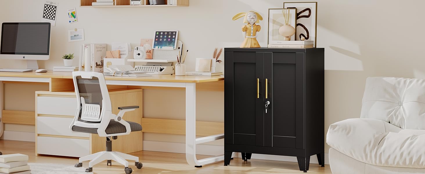 36" Tall Metal Storage Cabinet with Lock – 2 Doors & 2 Adjustable Shelves – Black Freestanding Unit for Home, Office or Garage Dresser Charging Lighted LED