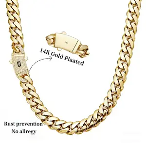 14K Gold-Plated Cuban Gold Jewelry Necklace with Classic White Stone Inlay - 8mm,10mm,12mm,14mm Sizes - Elegant Miami Style for Couples - Perfect Valentine's Day Gift