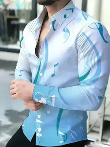 Men's Long Sleeve Collared Shirt featuring a Music Note Gradient Novelty Print Pattern