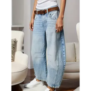 BaggyJeansForWomenMidWaistWideLegDenimPantsBoyfriendCroppedBarrelJeansWithPockets