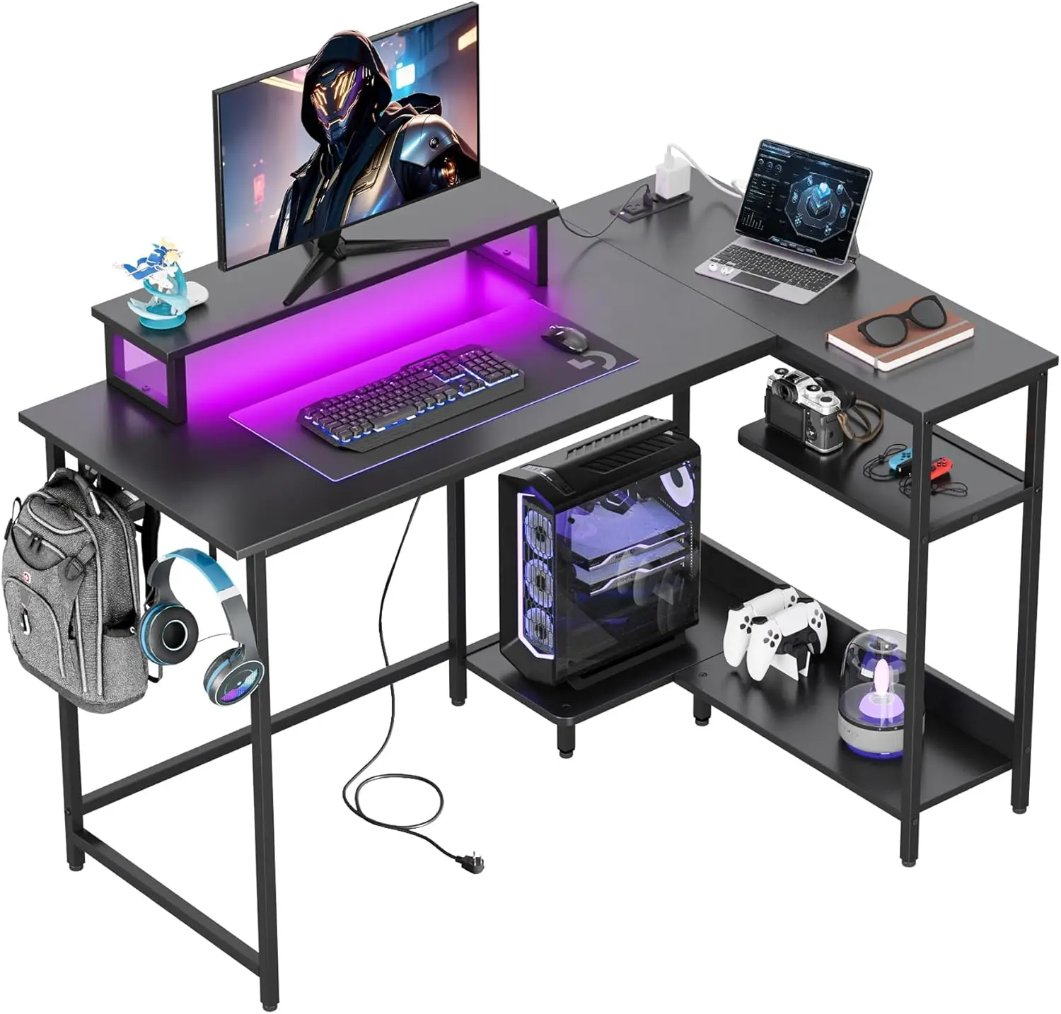 DEVAISE 47" L Shaped Gaming Desk with LED Lights and Power Outlets - Spacious Corner Computer Table with Monitor Stand and Storage Shelves for Work and Gaming
