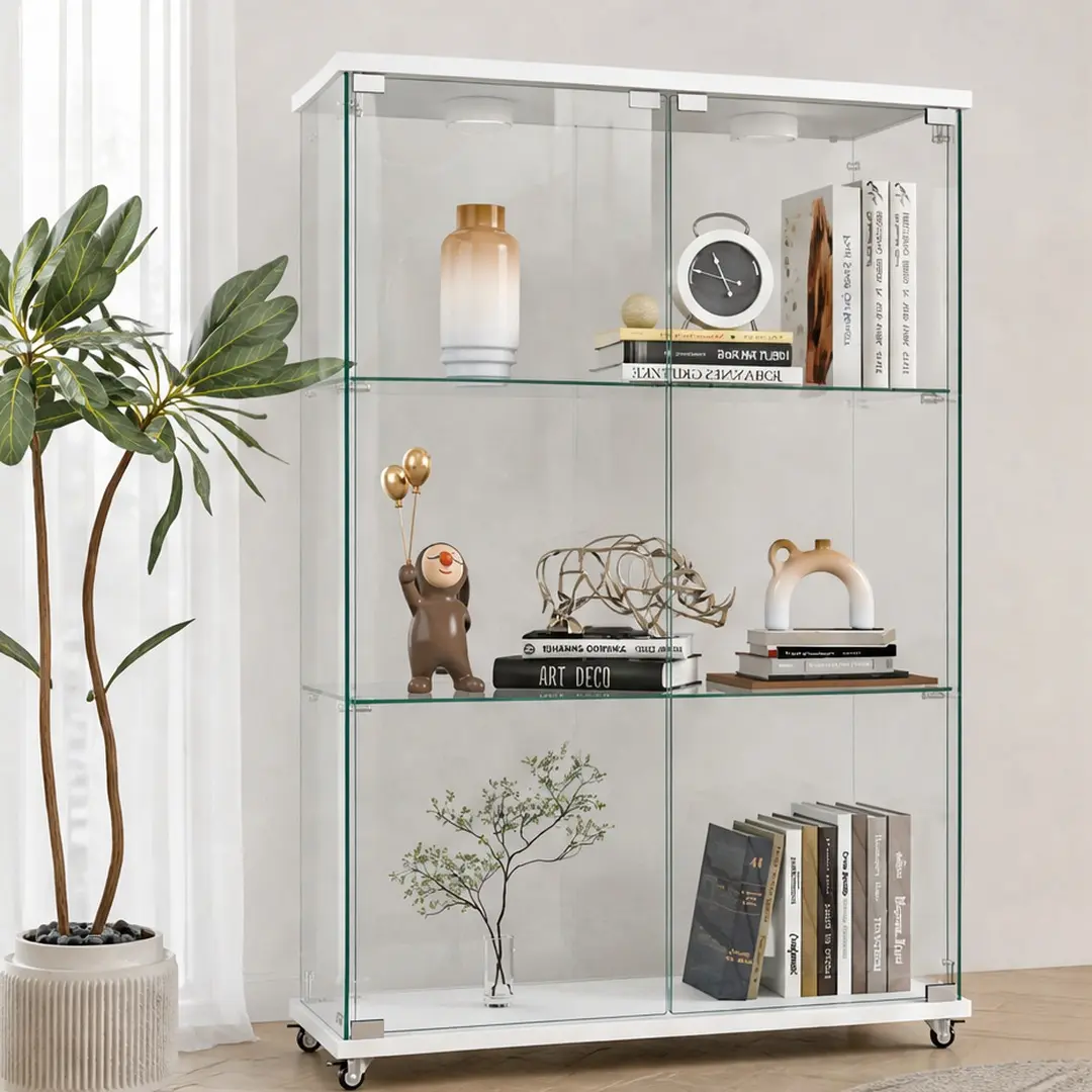 ARCH Modern Glass Display Cabinet with LED Lights, Tempered Glass Bookshelf, 2-Door 3-Shelf, Transparent, for Living Room Bedroom Office, Showcase Collection, 47.9in H, Transparent Color Options, Tempered Glass Material, Product Weight: 104.00 lb