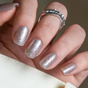 Dazzling Galaxy Silver Glitter Press On Nails | CurvLife Nail | 24pcs Medium Oval Fake Nails | Glossy Finish with Starry Sparkle | Easy to Apply, Comfortable, Long-Lasting | Great for Daily Wear, Cosmic-Themed Parties, Night Outs & Futuristic Looks
