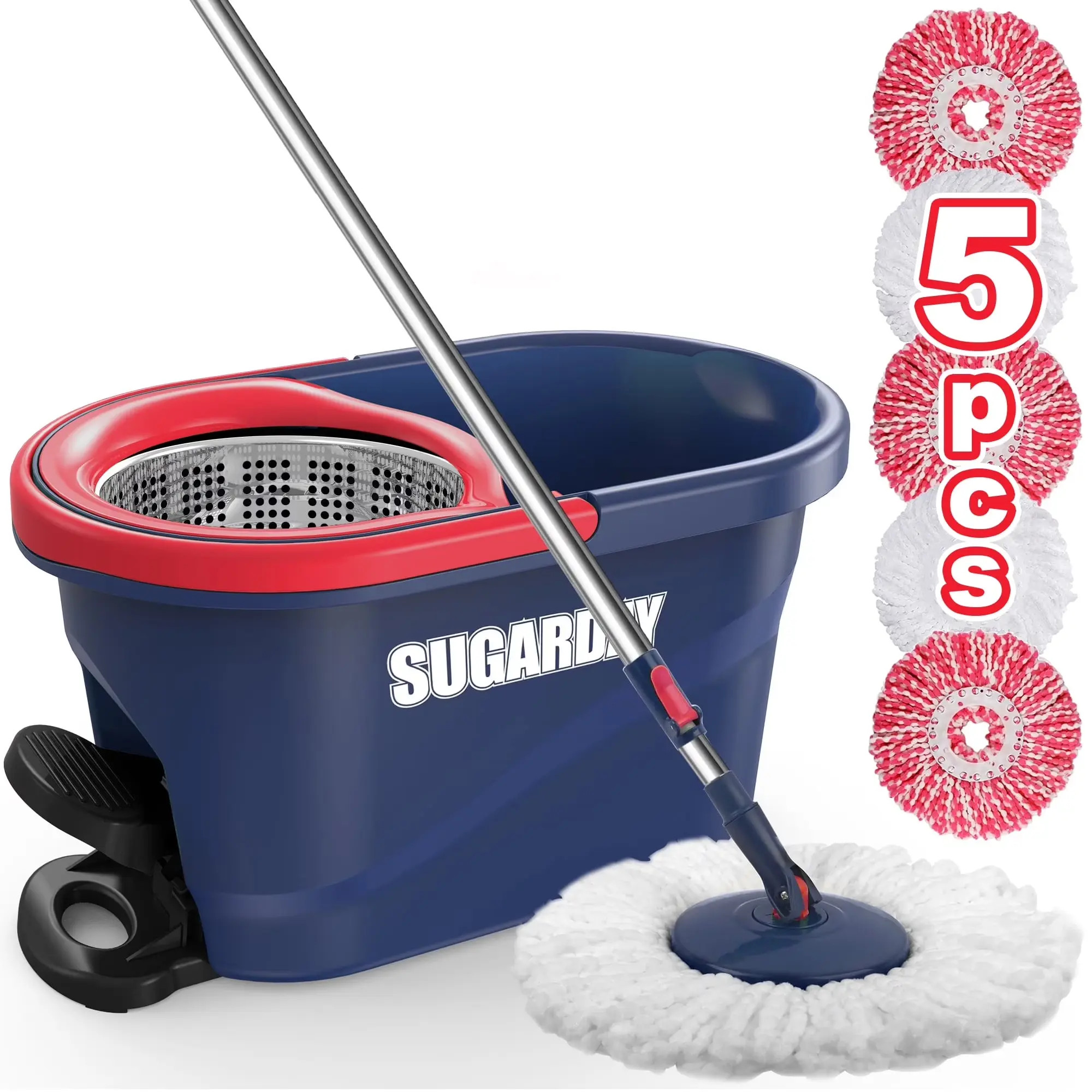 SUGARDAY Spin Mop and Bucket System with Wringer Set for Floors Cleaning, Red Sugarday
