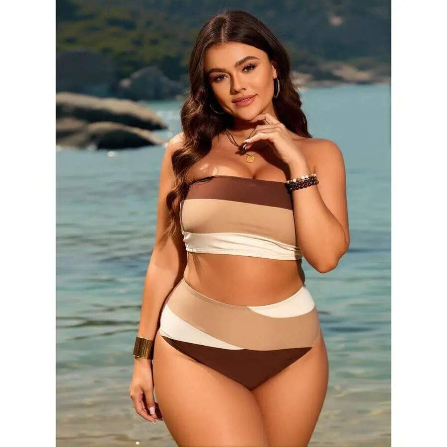 Women's Plus Size 2-Piece Colorblock Bandeau High Waisted Bikinis Set - Adjustable Straps, Quality Fabric, Body-Shaping Curve Extra-Large Summer Beach Sports Swimwear, Bandeau Bikinis Set, Body-Shaping Bikinis Set