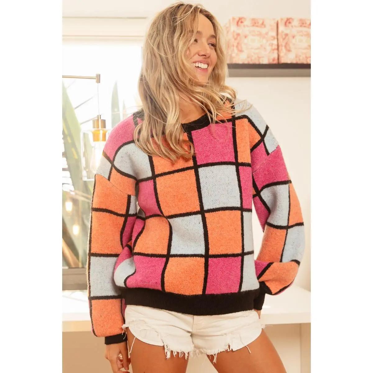 BiBi Multi Color Checker Pattern Sweater