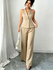 Women's Solid Color Business Chic Style Set, Vest + Wide Leg Pants, Casual Two-Piece Summer, M2647#, Elegant and Comfortable