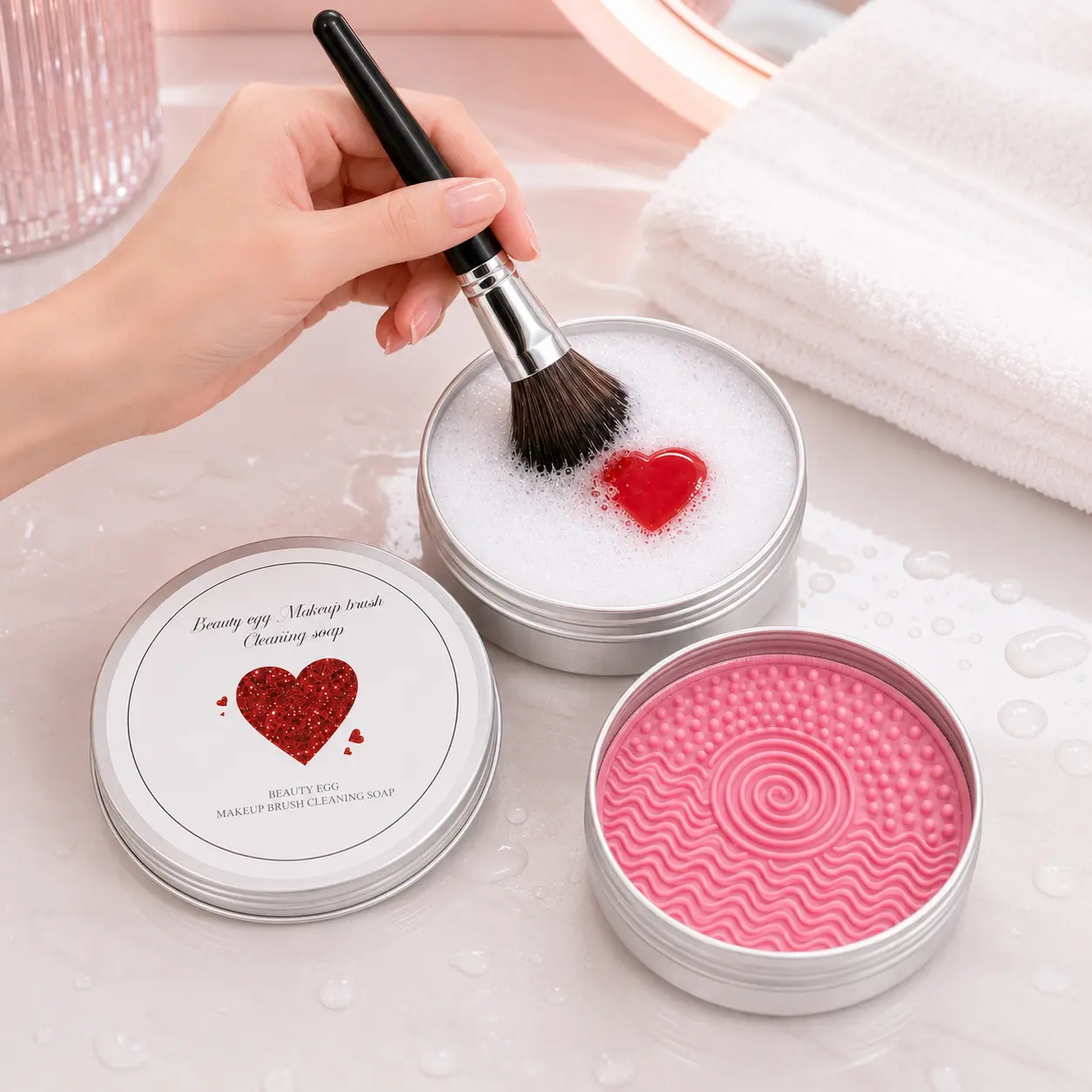 Heart Shaped Makeup Brush Cleaning Soap, Solid Brush Cleanser with Built-in Silicone Cleaning Pad, Color Removing Cleanser Soap Removes Eyeshadow Pigment, Gentle Nourishing Formula for Cosmetic Brushes, Portable Makeup Tool Cleaner