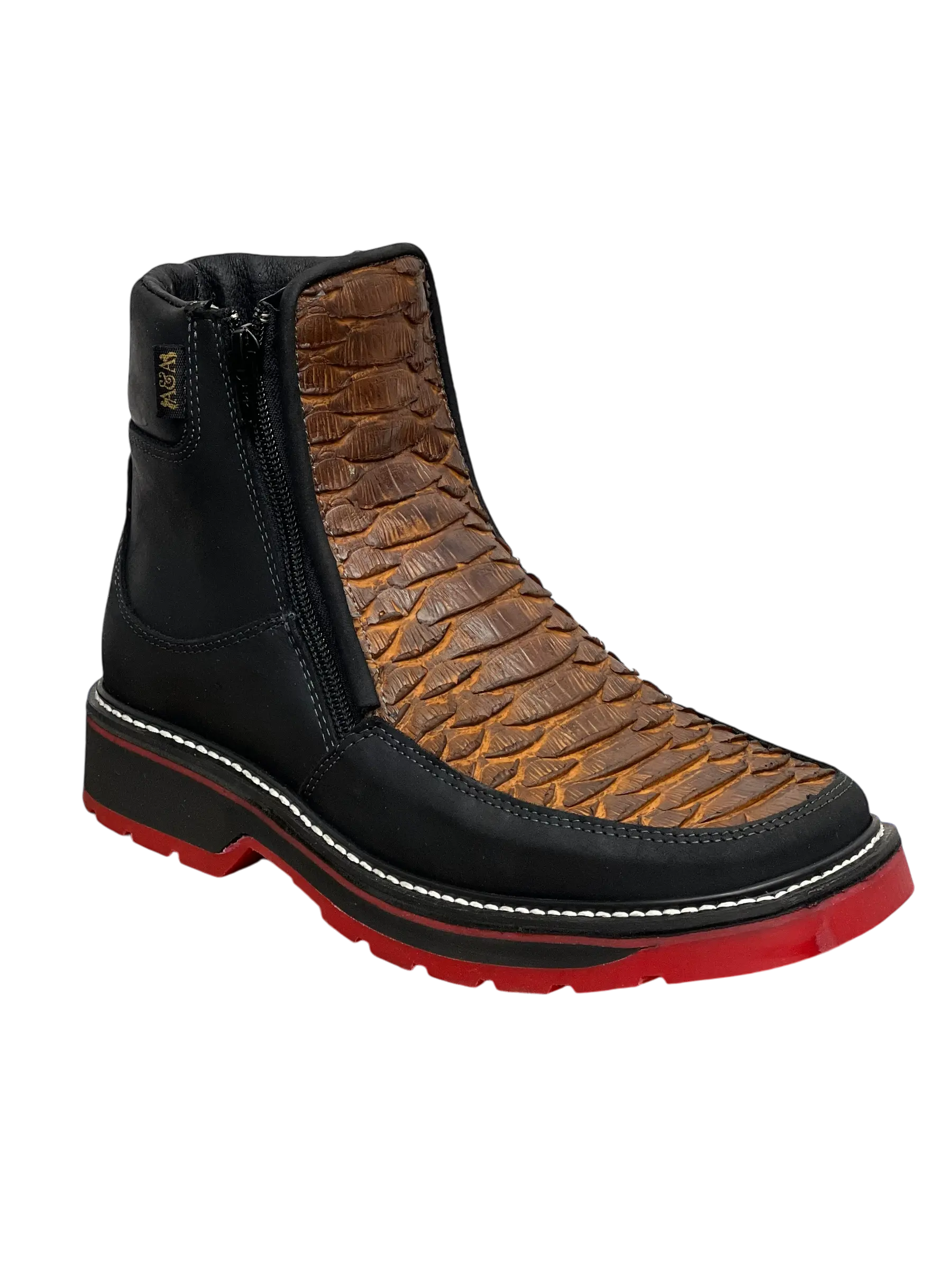 A&A WORK BOOTS, ESTILO 500-T, IMITACION PITON Y PETATILLO ORIGINAL, ZAPATO DOBLE CIERRE SUELA ROJA DOBLE DENSIDAD