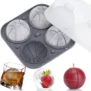 Ice Ball Mold, Large Basketball Shaped  Round Ice Cube Tray with Funnel Lid for Freezer, 4 Cavities Big Sphere Ice Molds for //Fruit Drinks/Ice Cream/Wax Melt/Candle