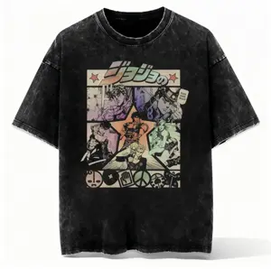 JoJo's Bizarre Adventure Vintage Acid Wash Graphic Washed T-Shirt - Premium Heavyweight Cotton Oversized Anime Manga Tee - Retro Streetwear Style with All Protagonists - Perfect Gift for Anime Fans