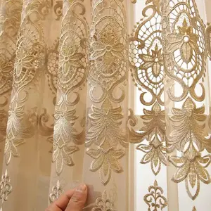 1PC European Style Elegant Hollow Embroidered Beaded Curtain, Luxurious Sheer Water-Soluble Floral Window Drapery for Living Room & Balcony