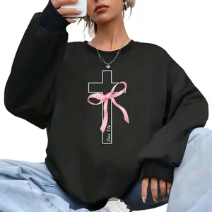 Lightweight Summer Crewneck Sweatshirt with Graphic Bow and Relaxed Drop Shoulders