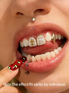 Trendy Tooth Rings, Tooth Gem, Teeth Accessory, Hollow Cross Design with Oval Zircon Teeth, Punk Style Accessories, All Seasons Fashion Jewelry