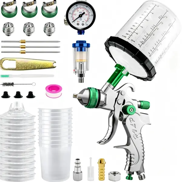 HVLP Gravity Feed Paint Sprayer Kit - 650ml Paint Spraying Tool with 1.4/1.7/2.0mm Copper&Steel Nozzles, 10 Disposable Mix Cups, Airwatersep & Full Accessories for Auto,Furniture DIY Painting, Dripfree Spray