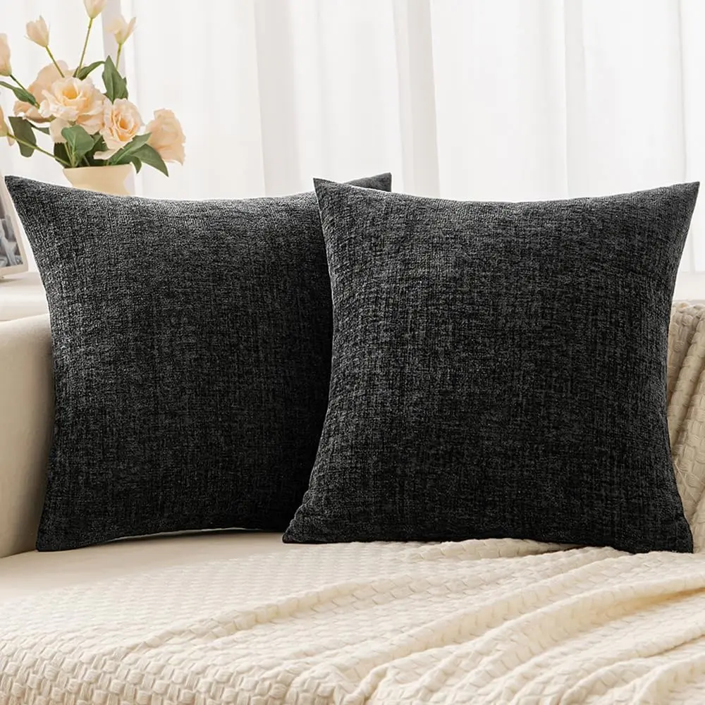 2-Pack Black Chenille Square Pillow Covers, 18x18 in Soft Solid Color with Hidden Zipper, Machine Washable Home Decor for Sofa, Square Cushion