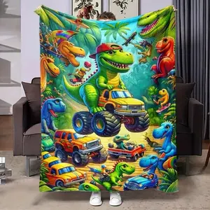 Soft and Fun Cartoon Dinosaur Pattern Blanket, Comfortable Dinosaur Truck Plush Blanket, Perfect for A Cozy Nap or Afternoon Nap in The Bedroom.