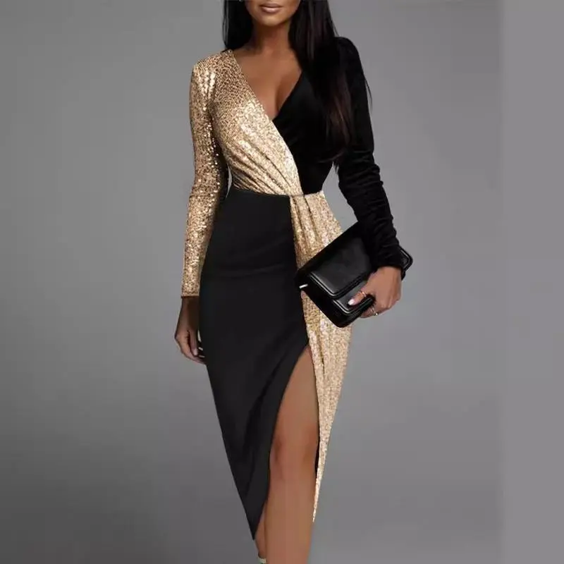 Spring/Fall 2025 sequins gold black high waist pure color temperament small fresh dress