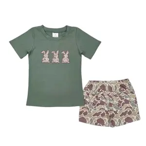 Boys' 2-Piece Clothing Set, Toddler Easter Outfit with Camo Print and Embroidered Bunny, Casual Long Sleeve Top & Pants, Casual Set
