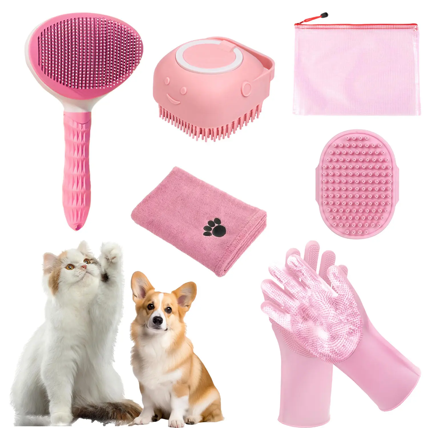All-in-1 Pet Grooming Kit for Dogs & Cats - Multi-Piece Grooming Accessories with Bath Shampoo Brush (Soft Bristles, Soap Dispenser, Massage Function), Self-Cleaning Fur Removal Tool, Nail Clippers (Pink/Blue, 12 or 6pcs) for At-Home Shedding Control, Uni