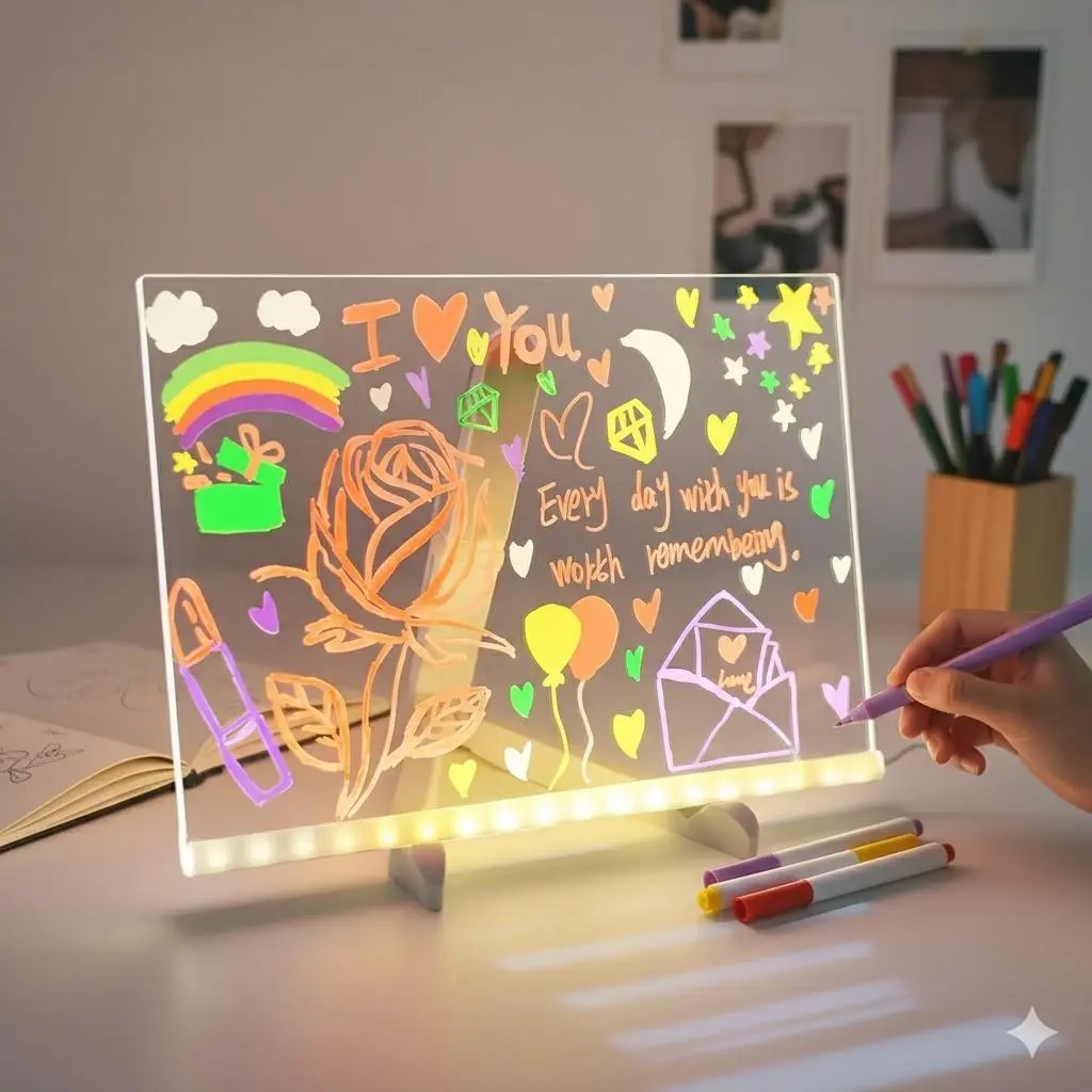 Multifunctional Glowing Drawing Board & Erasable Whiteboard, LED Drawing Board, Kids Creative Learning Desk Lamp with Multi-Color Pens, Acrylic Message Board, Erasable Reusable Board for Home Office Desk Decor, Fun Autumn Gift for Children.