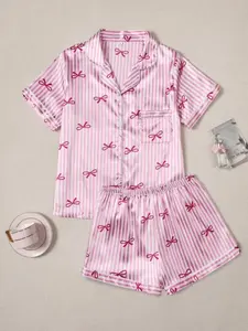 Women's Short Sleeve Lapel Pajama Set Loungewear Pjs Womenswear, Sleepwear Striped Bow Full Print Casual Summer Home Clothes, Fitted Plain Style All Seasons Nightwear Sleepwear