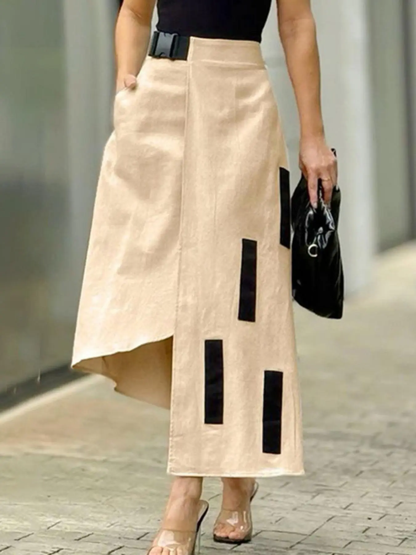 Women's Pocket Asymmetrical Skirt Fabric, Elastic Waist Skirt, Lightweight Casual Fashion Style A Line Long Skirt for Daily Wear, Ladies Summer Bottoms, Street Fashion Skirt, Womenswear