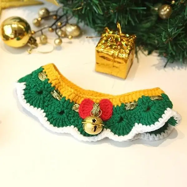 Christmas Gift Handmade Adjustable Knitted Bow and Bell Collar Pet Decoration Comfortable Pet Necklace Crochet Scarf Knitted Necklace for Dog and Cat Cosplay Pet Clothes