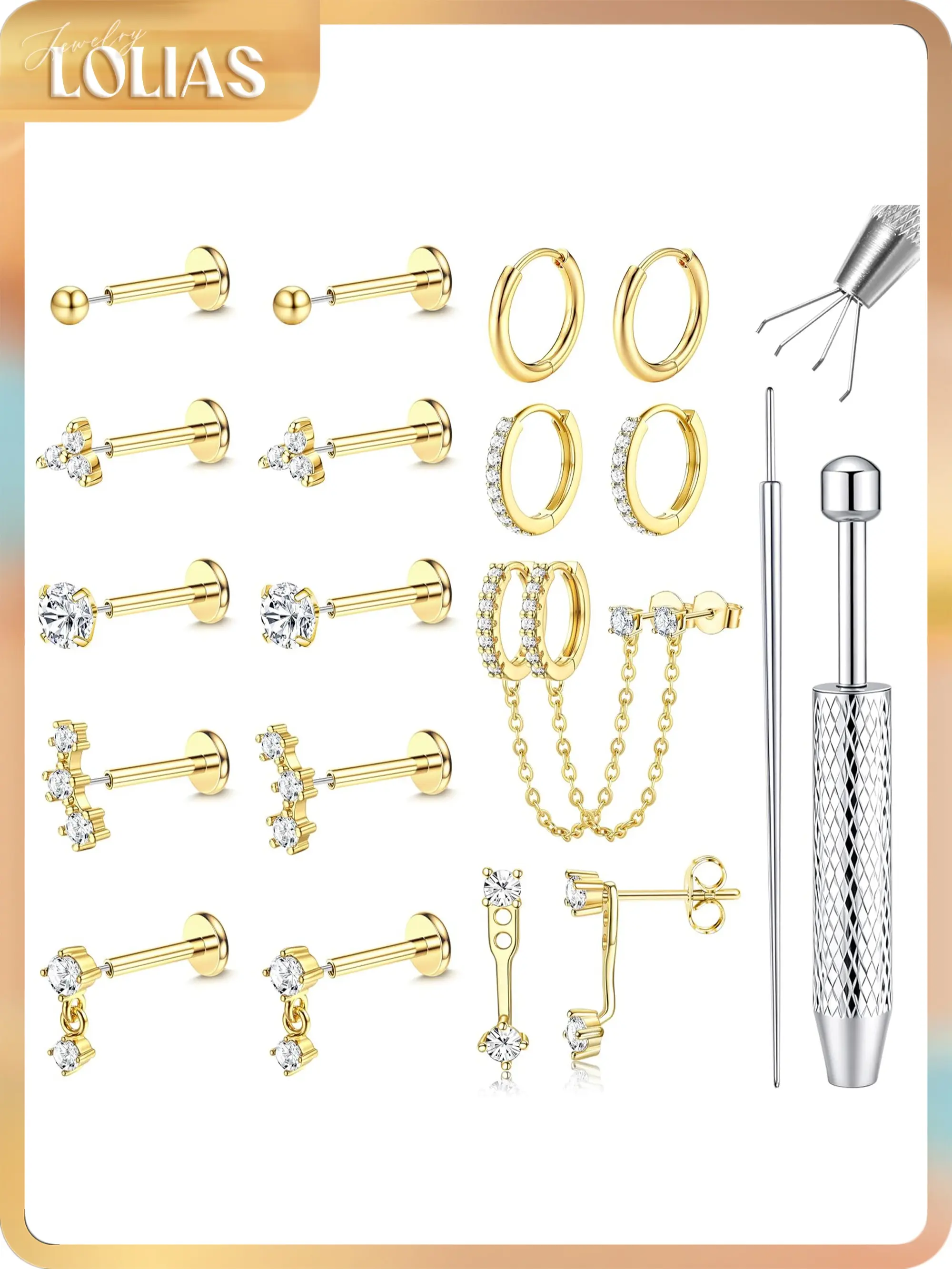 LOLIAS 16G/18G/20G Flat Back Earrings for Women Threadless Surgical Steel Stud Hoop Earrings Push in Nose Studs Hypoallergenic CZ Cartilage Earring Set Labret Helix Tragus Conch Piercing Jewelry