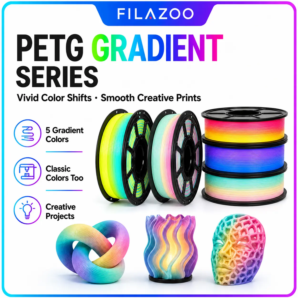 FILAZOO Gradient Rainbow PETG Filament 1.75mm 1KG Spool | Multicolor Color-Shift & Classic Solid Colors | High Speed Tangle-Free | Compatible with Bambu Lab X1/P1S/A1, Creality Ender 3, FDM 3D Printers Premium Bundle