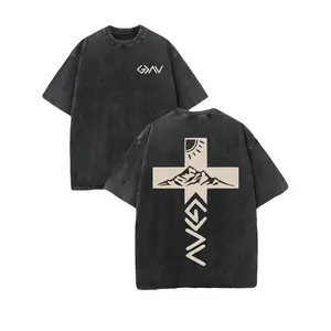 Retro Washed T-Shirt Double Sided Printed 230 Pure Cotton 'God Is Greater Than Our Highs And Lows' Letter Print Christian Gift Men's Casual Comfortable Fashionable Street Style Cotton Menswear Top