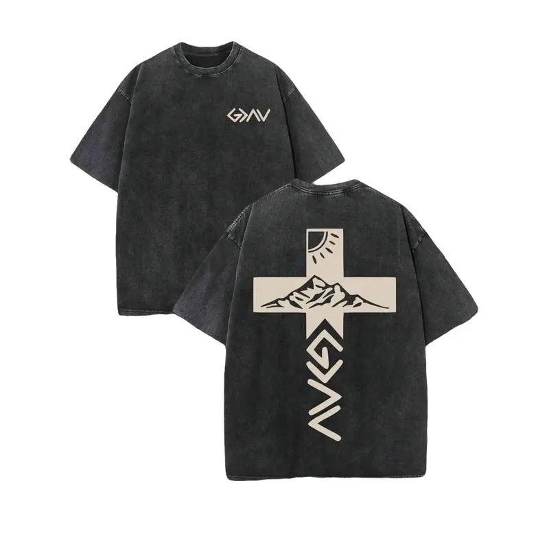 Men's Retro 230 Pure Cotton Basic Short-Sleeve Round Neck Front-Back Print Cross Tee - Christian Casual-Fit Streetwear Top, Chic All-Seasons Mensfashion 'God Is Greater Than Our Highs And Lows' Faith Men's Gifts Christmas Shirt