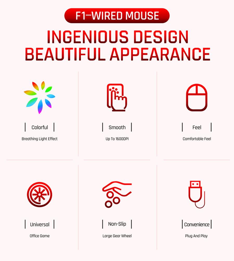 F1 Wired 3 Keys Mouse Colorful Lighting Gaming and Office for Microsoft Windows and Apple IOS System