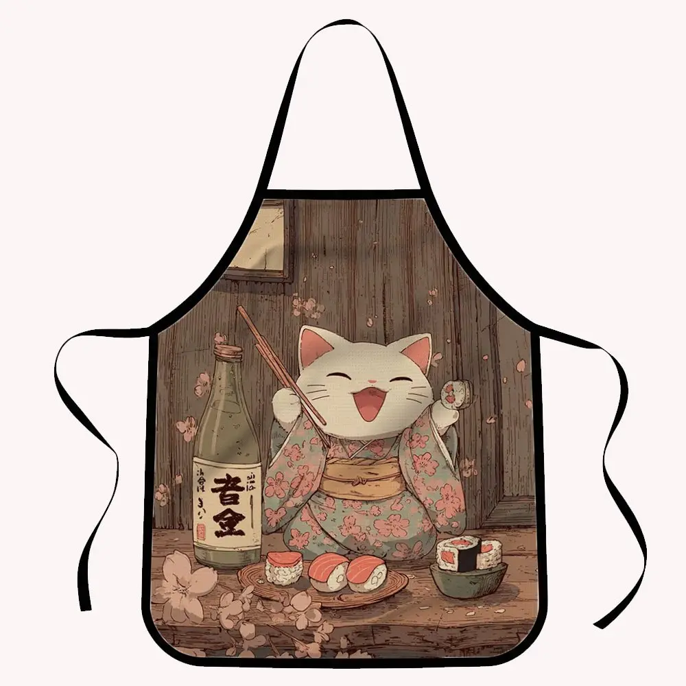 Maneki-neko Enjoy Sushi, Savor Sake, Digital Printing Fashion Apron - Home Cooking Kitchen Apron