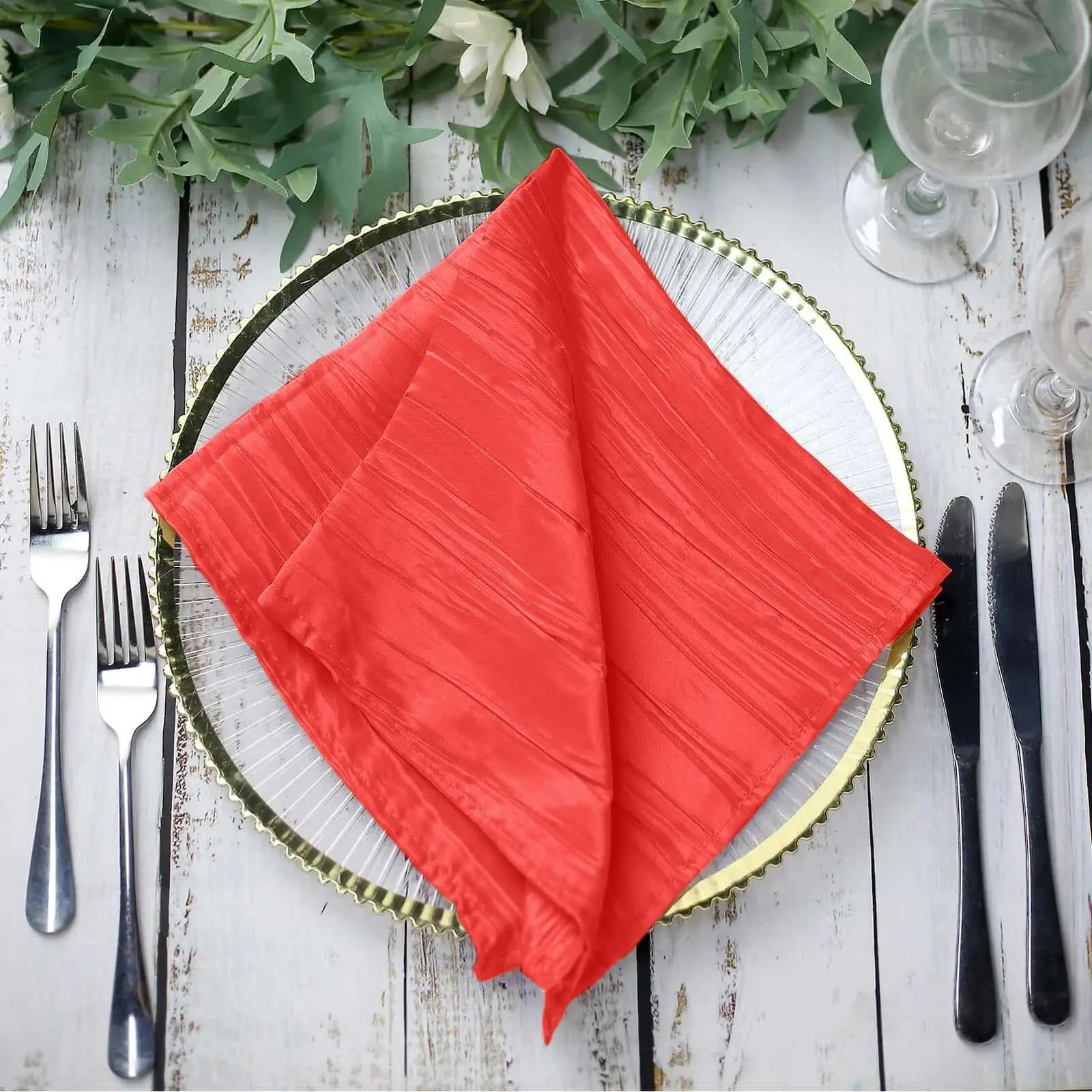 Red Taffeta Square Napkins Multipack - 5-Pack, 20"x20" Accordion Fold Crinkled Look Tableware, Machine Washable for Kitchen, Party Events