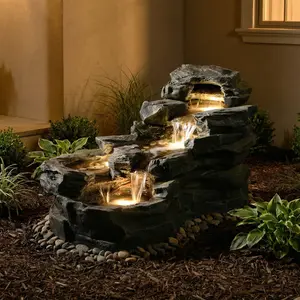 37" L Garden Outdoor Water Fountain Floor Standing 5-Tiers Rock Natural Waterfall with LED Lights for Patio Porch Home Art Decor Stone Stacking Authentic Look Minimalist Elegant Design
