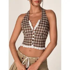 Unity Plaid Blazer with Hollow Lace Patchwork and Button Detail at the Back and Front