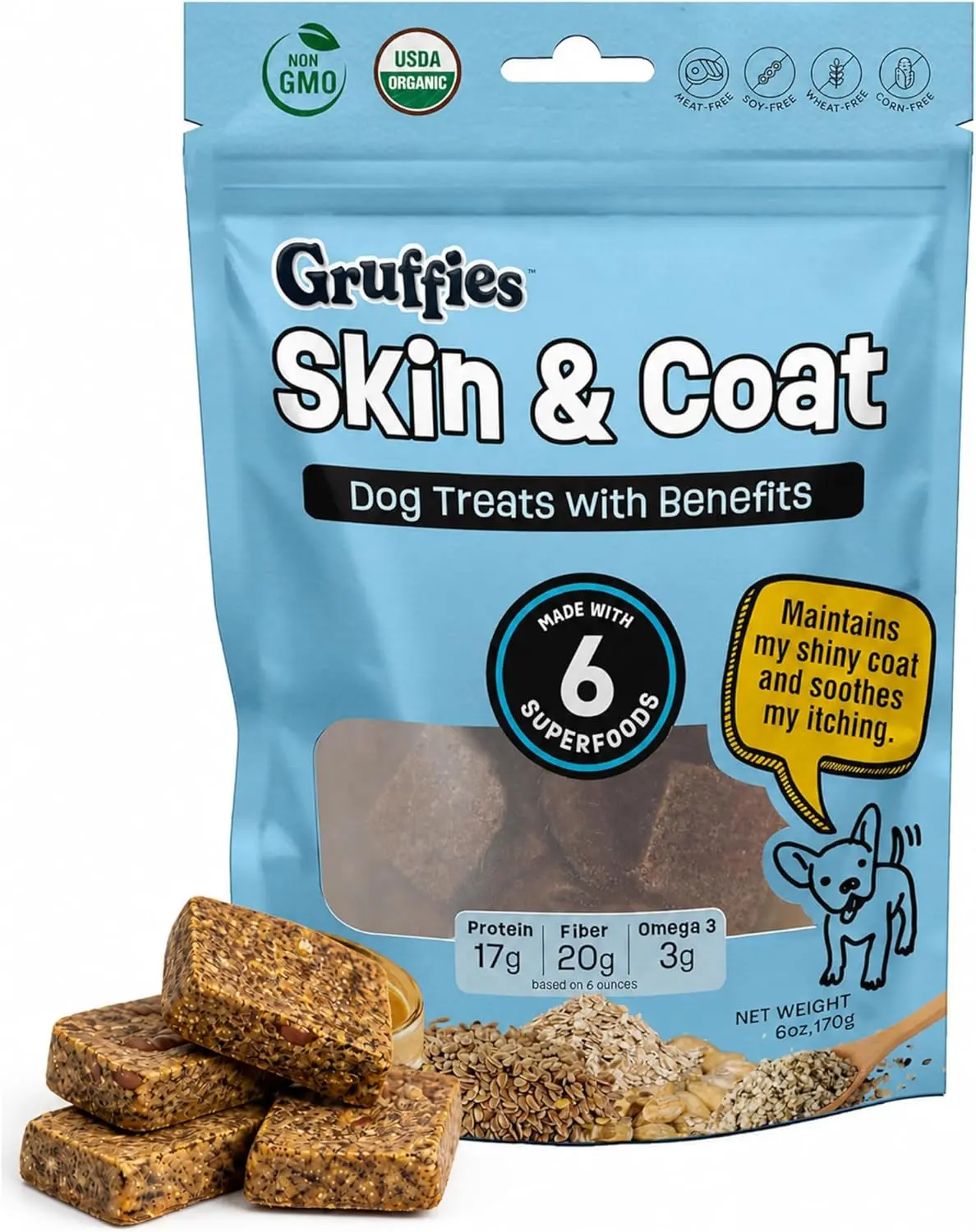 (Pack of 6) Skin & Coat Organic Dog Treats - Peanut Butter - Natural Supplements for Allergy, Dry & Itching Skin - With Kelp, Flaxseed & Sophora Japonica | Vet Approved, Made in USA, Non-GMO - 6 oz