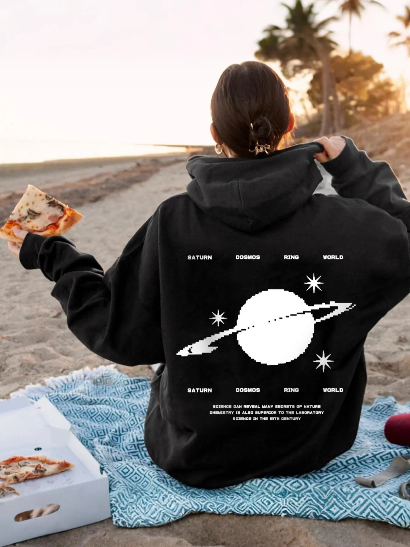Women's Saturn Planet Print Drop Shoulder Hoodie, Fashion Casual Letter Print Drawstring Pocket Hooded Sweatshirt for Daily Holiday Outdoor Wear, Women Clothing for Fall & Winter