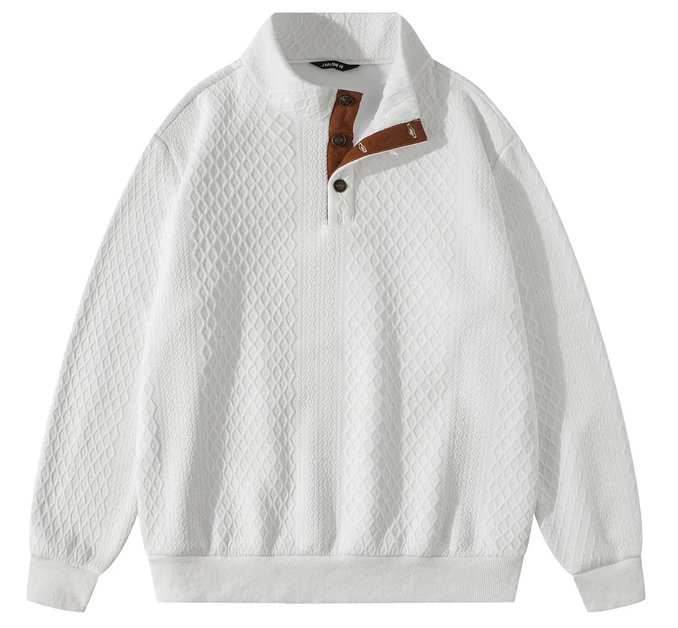 JMIERR Men's Textured Sweatshirt Casual Pullover Sweater | Fleece Lined, Long Sleeve Henley Stand Neck, Knit Jacquard Texture, Elbow Patches, Fall Winter Clothes