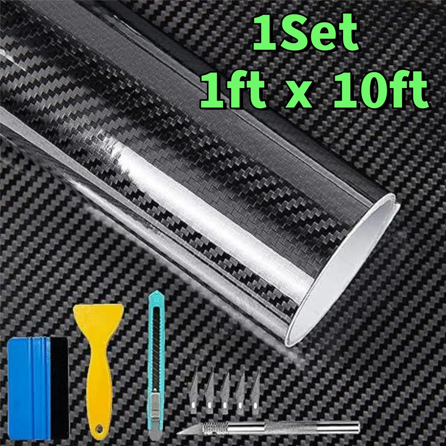 1x10 ft High Glossy Black Self-Adhesive Flexible Long-Lasting No-PVC Carbon Fiber Car Vinyl Wrap Roll with Tool Kits, Air Release, Scratchproof, Bubble-Free DIY Auto Accessory for Cars, Rims - Home Improvement Building Supplies