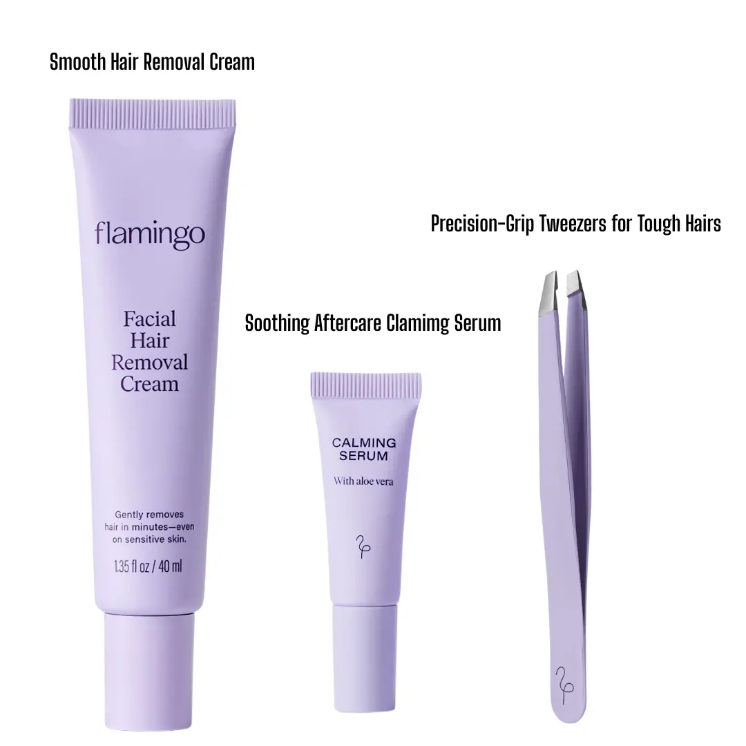 Fuzz-Free Face Bundle, Hair Removal Cream, Clamming Serum, Stainless Steel tweezer