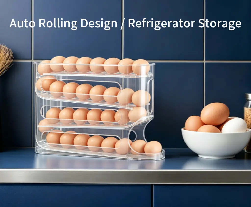 4-Layer Auto Rolling Egg Storage Organizer, Transparent Plastic Auto Slide Egg Dispenser Rack, Dual Use for Refrigerator & Countertop, Space Saving Fridge Egg Holder Container