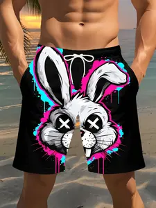 Men's Beach Shorts, Rabbit Pattern 3D Print, Casual Polyester Drawstring Waist, Summer Vacation Wear, Lightweight Comfortable Boxers