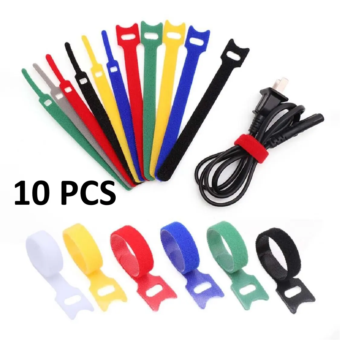 10PCS Random Color Polyester Reusable Double-Sided Cable Ties – 12mm Width Self-Adhesive Wire Organizer Strap for Home, Office & Industry Use, Flexible Fastening Cord Storage Accessory, Strong Durable Grip, Ideal for Cables, Cords & Hoses