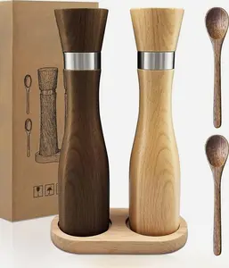 Set of 5 Pcs - Solid Wooden Salt and Pepper Grinder, 9.25 inch Manual Mills with Tray & Wooden Spoons, Adjustable Coarseness Ceramic Core, Refillable Non-Slip Base for Kitchen Countertop Dining Decor