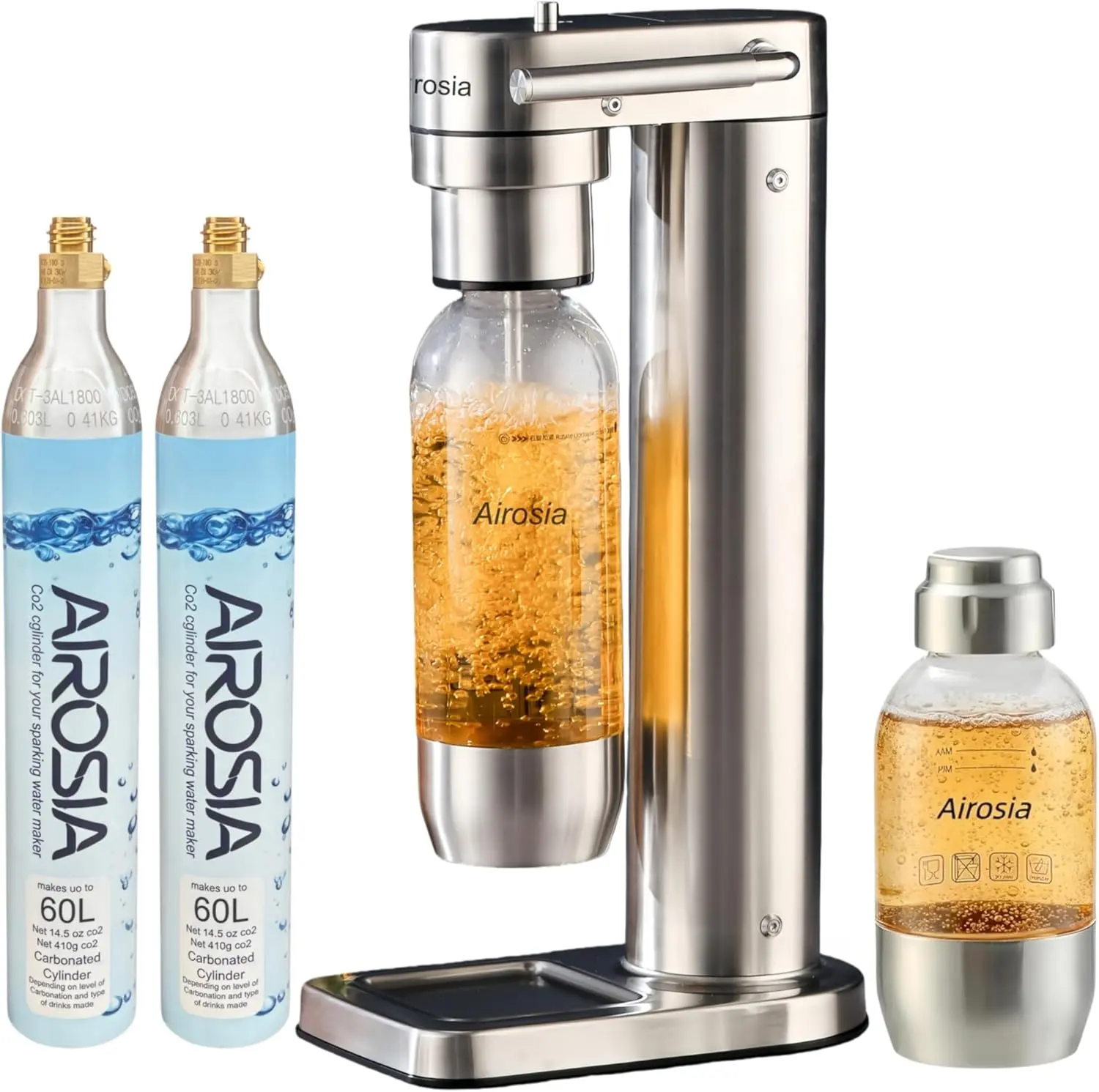 Airosia Sparkling Water Carbonator Machine - 304 Stainless Steel Kitchen Soda Maker for Drinks Carbonation, Includes 2 BPA-Free Bottles (1L, 0.5L) and 1 CO2 Carbonator