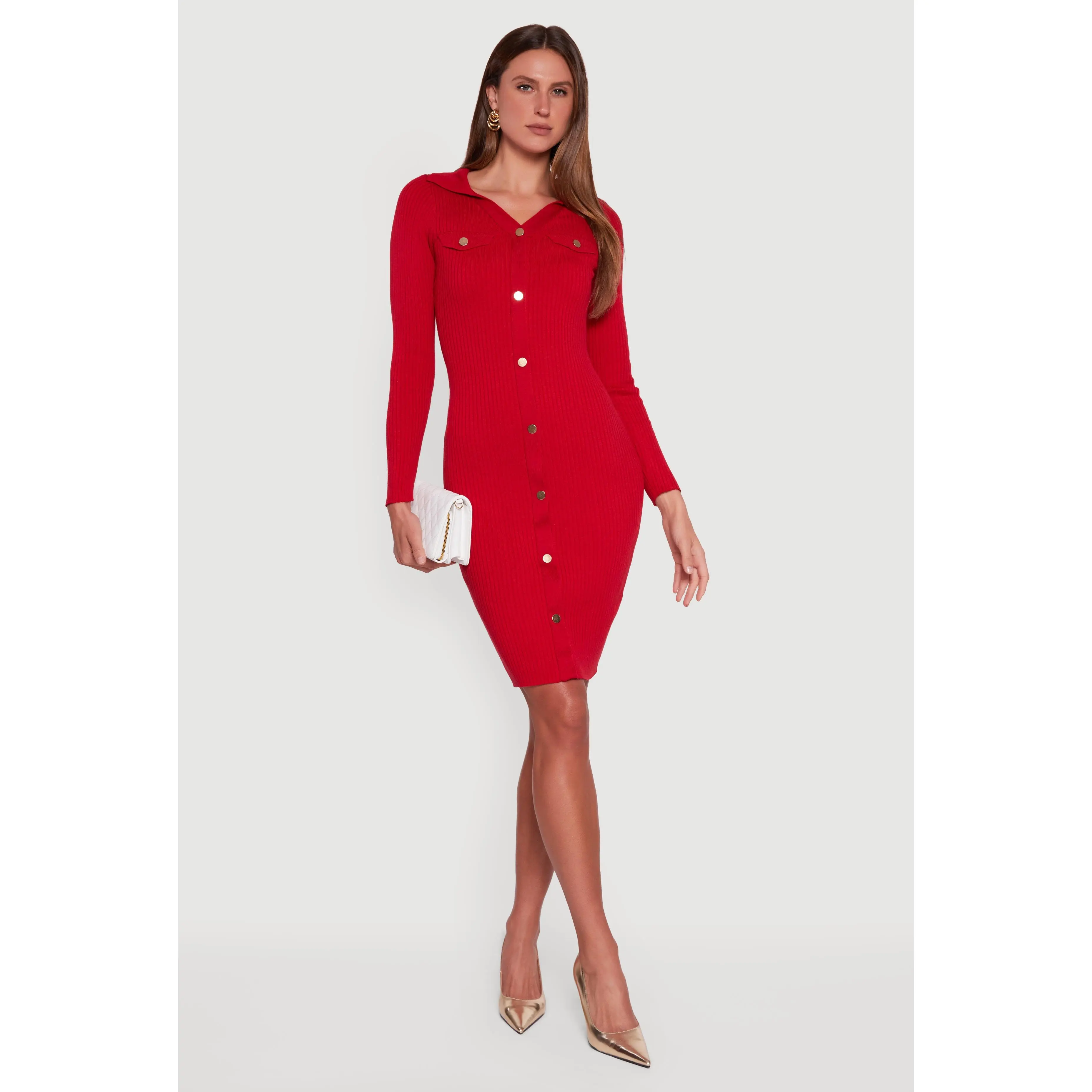 Collared Rib Knit Button Detail Midi Sweater Dress